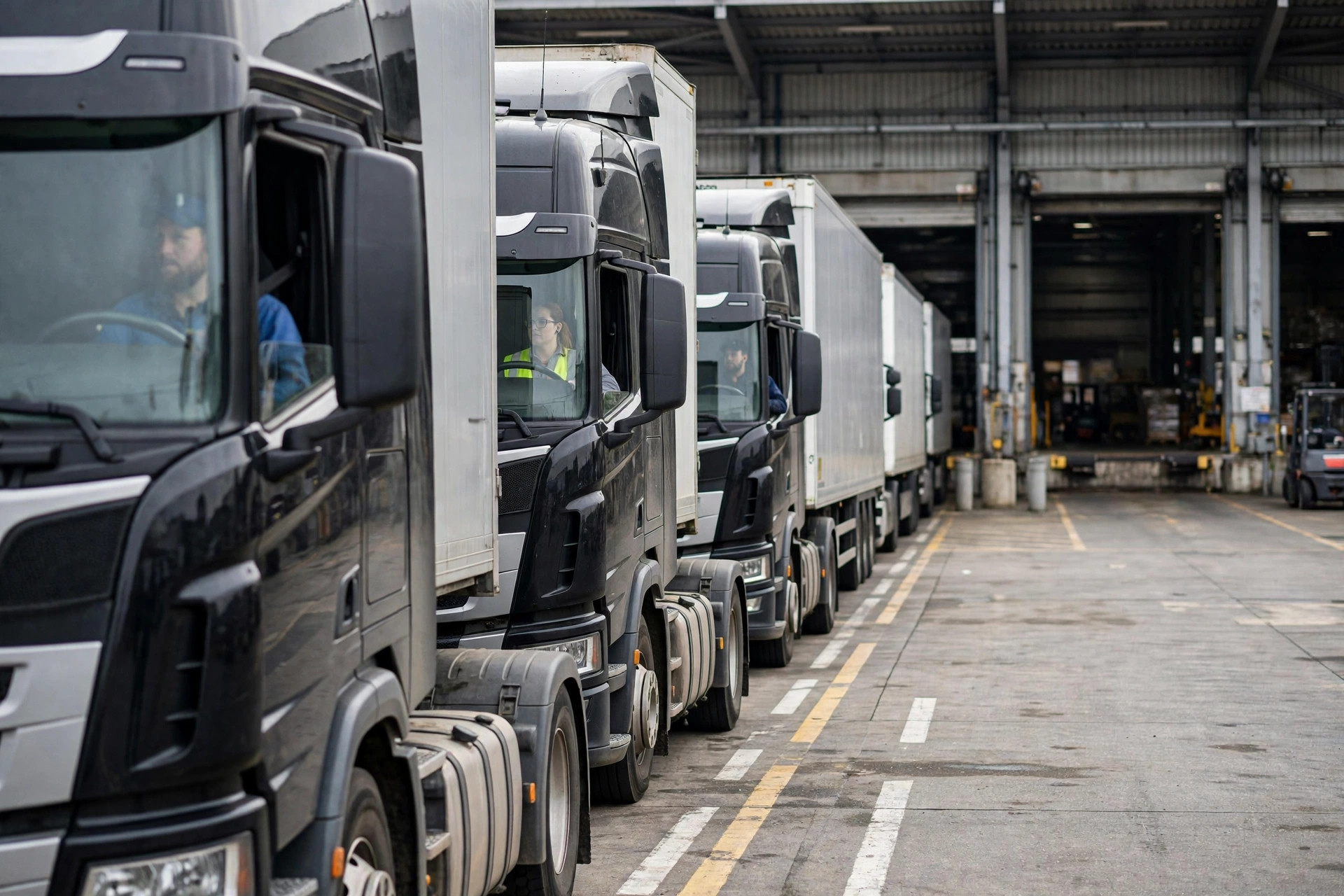 Trucks queuing in the warehouse yard