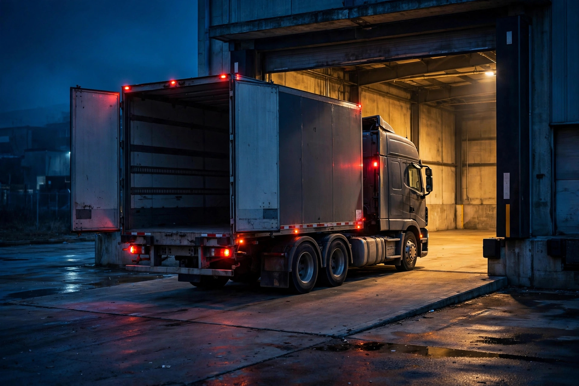 A semi-truck waiting at a dock door at night with hazard lights on