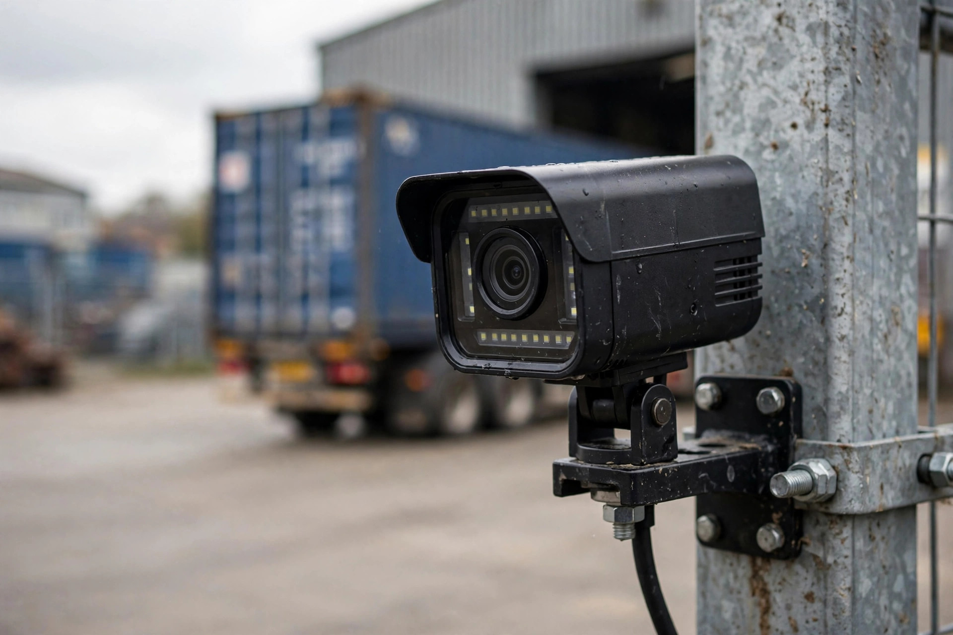 Overhead LPR camera reading a truck plate at a warehouse gate