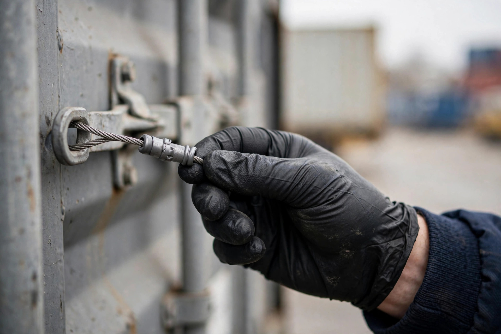 A security officer checking the seal on a container door locking rod