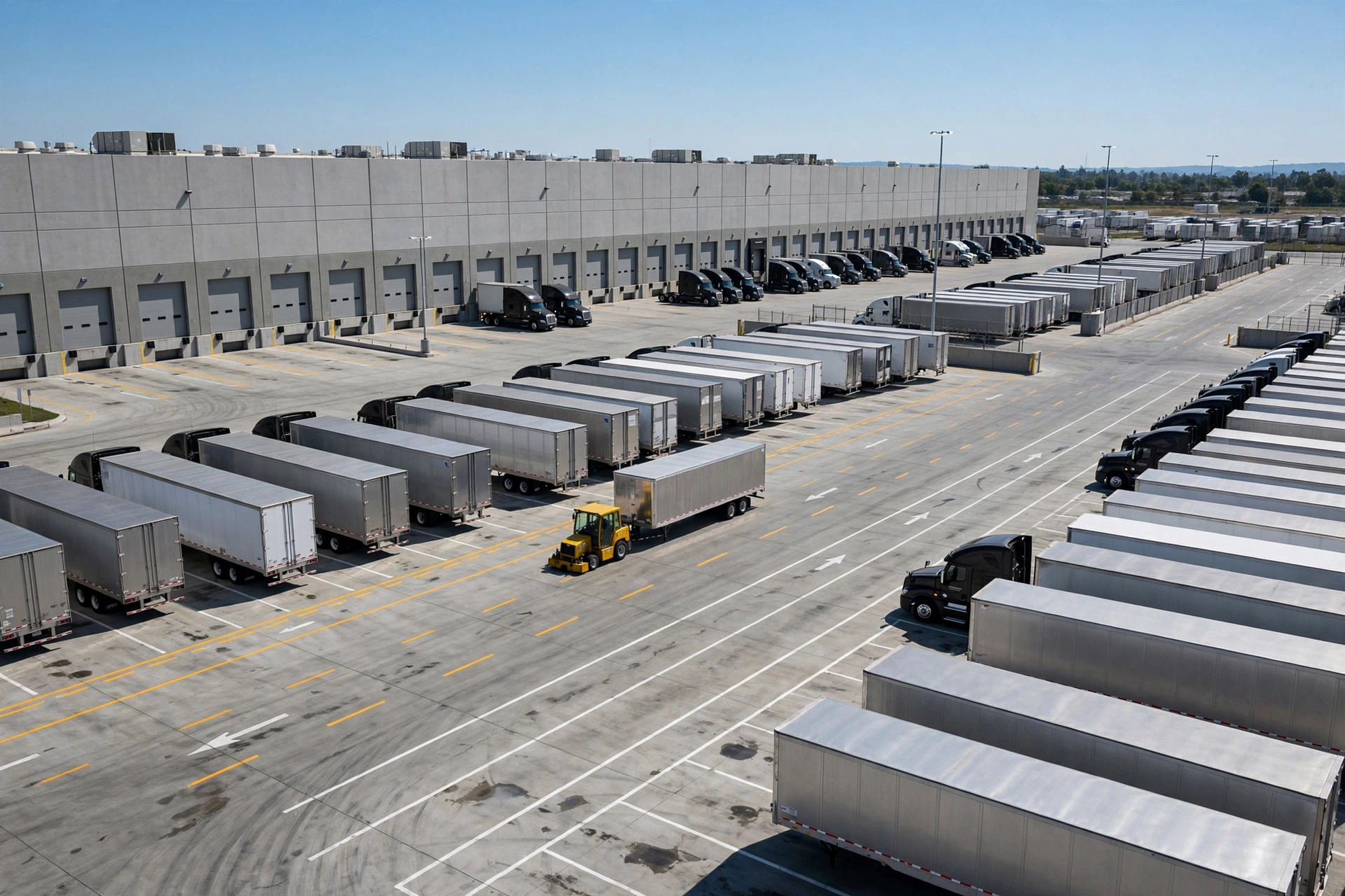Remolques estacionados en las puertas de muelle de un patio logístico