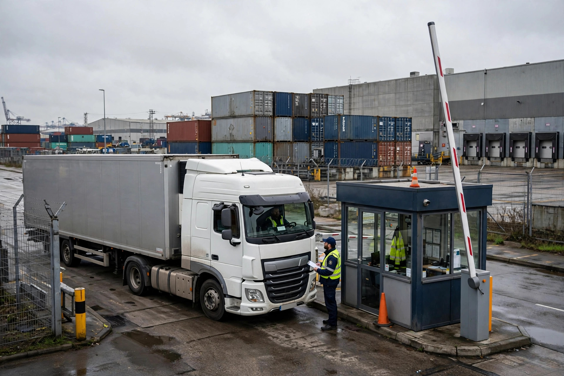 Trucks entering a logistics park through the entrance gate