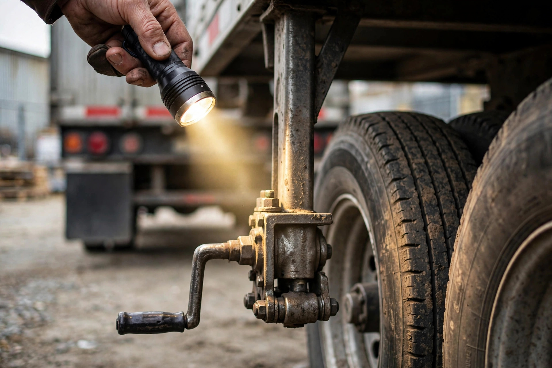 Close-up of a driver inspecting a trailer's landing gear and tires with a flashlight