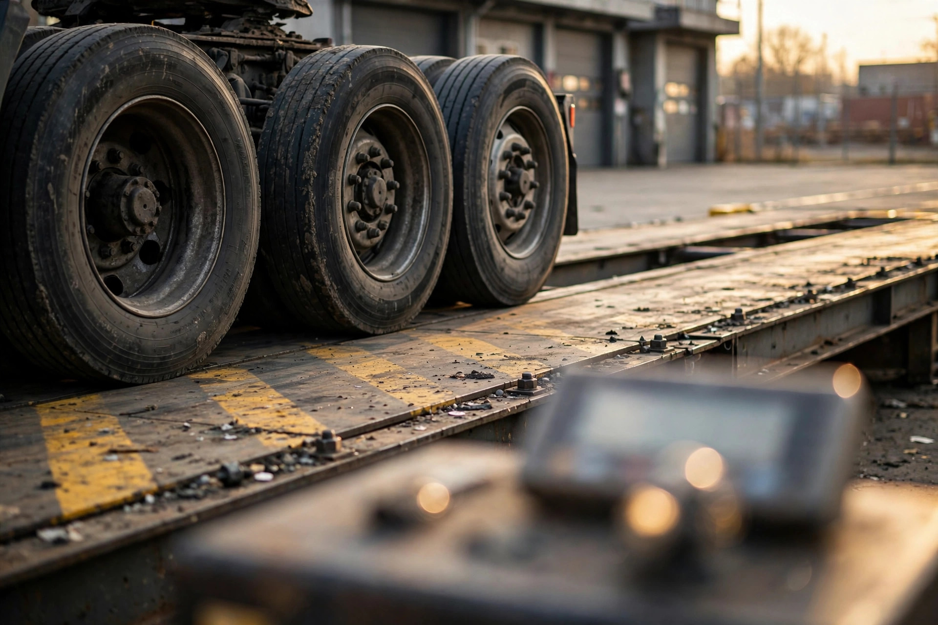 A semi-truck being weighed on a weighbridge at a logistics yard, warehouse dock doors in the background