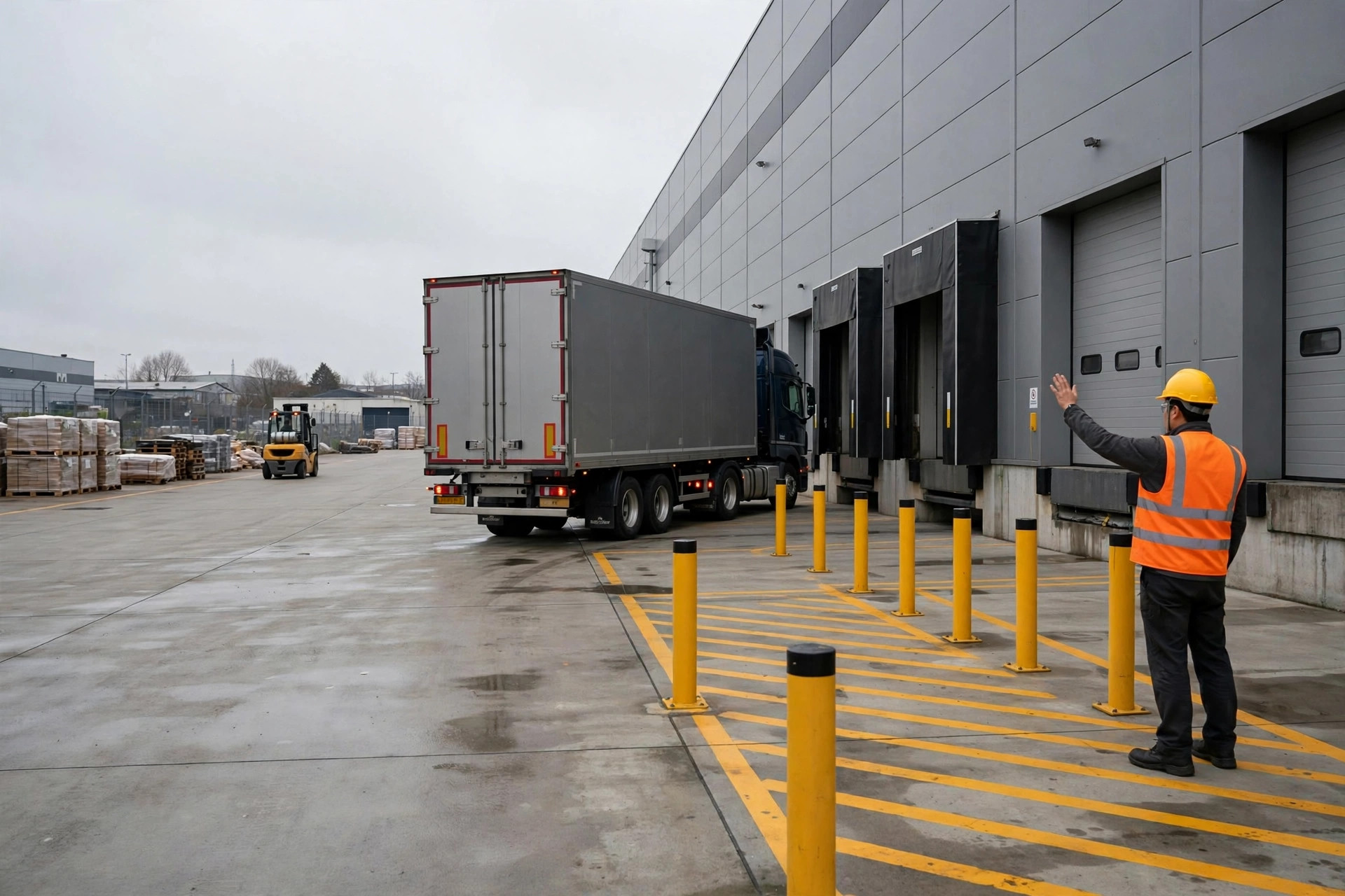 A truck backing into a loading dock while a spotter guides it